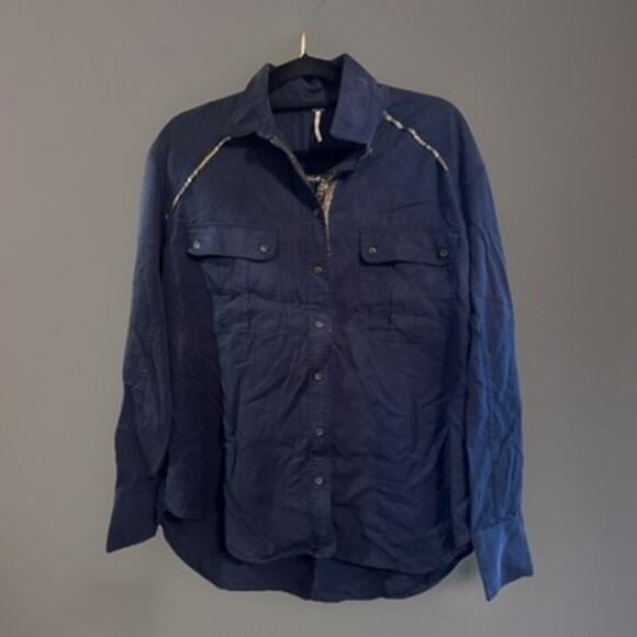 Free People Off Campus Navy Blue Metallic Long Sleeve Button Down Shirt Size L - Picture 1 of 6